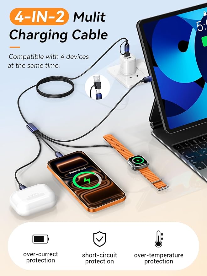 Travel Essentials for Apple Watch Charger, Dual USB C Multi Charger Cable for iWatch/for iPhone 17-12,4 in 2 USB A/C,2*Type-C,Lightning,iWatch Charging Cord,Vacation RV Camping Essentials-5FT Black