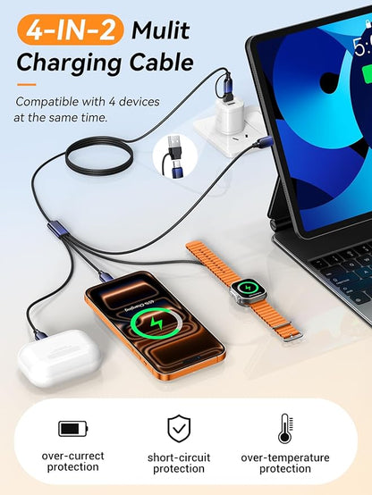Travel Essentials for Apple Watch Charger, Dual USB C Multi Charger Cable for iWatch/for iPhone 17-12,4 in 2 USB A/C,2*Type-C,Lightning,iWatch Charging Cord,Vacation RV Camping Essentials-5FT Black