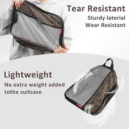 U+U 4 Set Compression Packing Cubes - Ultralight Travel Organizers, Space-Saving Suitcase Organizer, Expandable Packing Cubes for Travel, Business Trip and Family Vacation (Leopard)