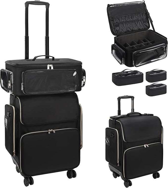 OCHEAL Hairstylist Traveling Case with a Large Makeup Travel Case with side Pocket for Hairstylist, Hairdresser Bag with Detachable Pouch,360° Rotatable Wheelsfor Hairdressing Tool Organizer