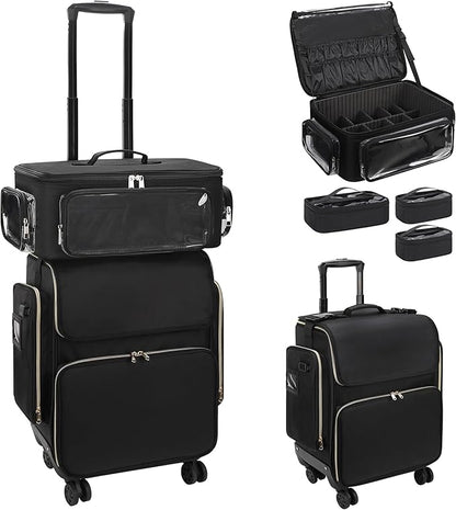 OCHEAL Hairstylist Traveling Case with a Large Makeup Travel Case with side Pocket for Hairstylist, Hairdresser Bag with Detachable Pouch,360° Rotatable Wheelsfor Hairdressing Tool Organizer