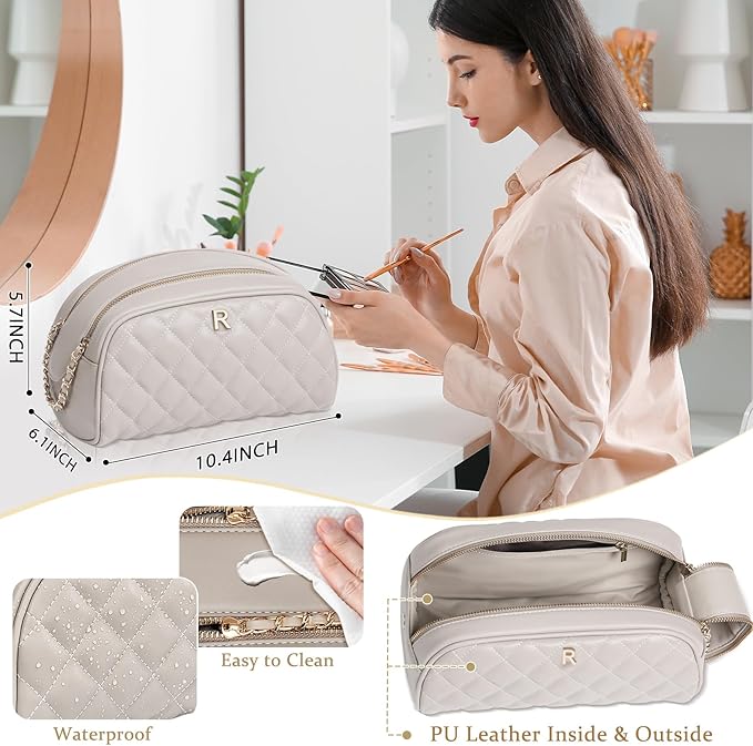 COSHAYSOO Personalized Birthday Appreciation Thank You Gifts for Women Best Friend Mom Adult Sister Teacher Nurse Employee Female Coworker, Initial Make Up Bag Leather Cosmetic Bags Taupe Letterr R