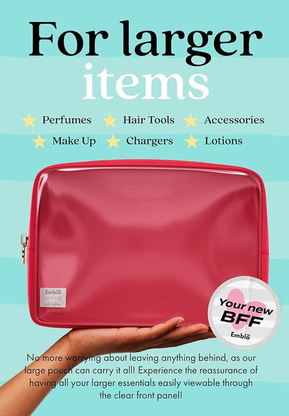 Embla Clear Cosmetic Bag Makeup Case, Clear Zipper Make Up Pouch and Toiletry Travel Tote, Cute Skincare Pouches for Women Girls, Preppy Purse Cosmetic Organizer, Large Makeup Bags, Ruby Red