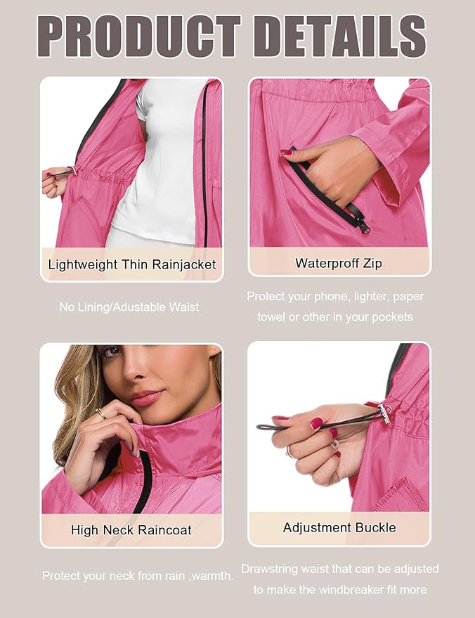 Avoogue Women's Long Raincoat with Hood Outdoor Lightweight Windbreaker Rain Jacket Waterproof