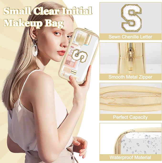 Small Clear Personalized Initial Makeup Bag,Nylon Preppy A-Z Chenille Letter Patch Cosmetic Pouch Beach Toiletry Bag,Waterproof Zipper Travel Purse Storage Bag Organizer for Women Girls(Beige-White S)