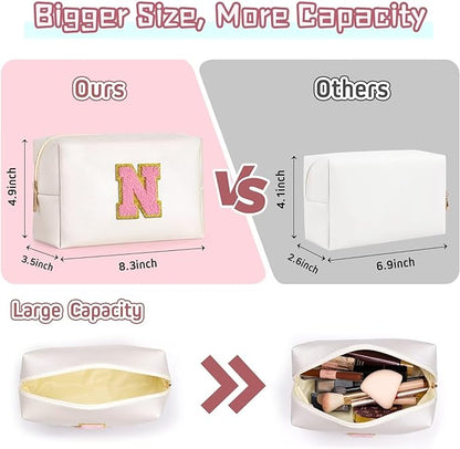 TOPEAST Preppy Stuff for Girls, Initial Makeup Bag Chenille Letter Pouch Cosmetic Bag with Zipper, PU Leather Waterproof Toiletry Bag, Cute Stuff Birthday Gift for Friends Sister (Pearly White T)