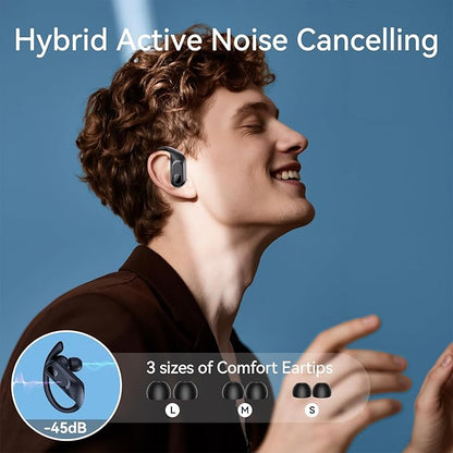 occiam Active Noise Cancelling Wireless Earbuds Bluetooth Headphones Ear Buds 96Hrs Playback Clear Call Waterproof Earphones with Ear Hook Microphones for Sport Running Exercising Black