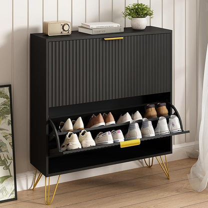 Shoe Storage Cabinet with 2 Flip Drawers, 31.5" W Fluted Shoe Cabinet for Entryway, Hidden Shoe Cabinet Storage, Narrow Free Standing Shoe Orgnaizer Rack Cabinet for Foyer Hallway, Black
