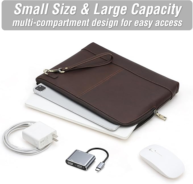 Top Grain Leather 14.2" Slim Laptop 90° Zipper Bag, Removable Wristlet & 4 Pockets, Compatible with 2024 MacBook Pro 14.2" M1 M2 M3 M4 Pro/Max A2442 & Other Laptop, Red Coffee 14.2 Inch