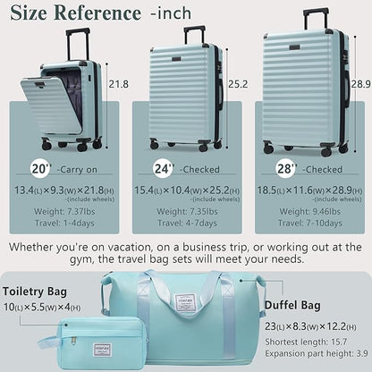 Merax Luggage Sets 3 Piece Front Opening, Hardside Lightweight Carry on Suitcase with Cup Holder USB Port,Durable Expandable Luggage with Bags Spinner Wheels and TSA Lock,Light Blue