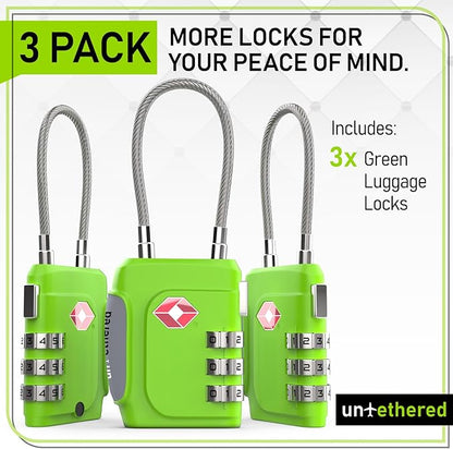 Untethered TSA Luggage Locks (3 Pack) – Resettable 3-Digit Combination TSA Approved Travel Padlocks for Suitcases, Backpacks, Gym Bags & Checked Baggage (3 Pack | Green)