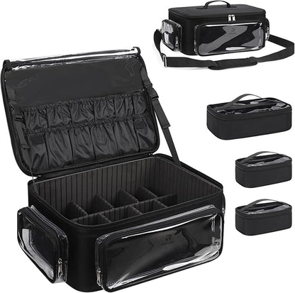 Large Makeup Case Cosmetic Organizer Box Brush Holder, Travel Makeup Train Case with 3 Clear Bags, Professional Makeup Artist Bag Cosmetic Case with Adjustable Dividers and Shoulder Strap