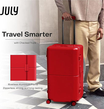 Checked Trunk - 26.8" Zipperless Airline Approved Check In Luggage with Wheels, 80/20 Opening Spinner Suitcase - TSA Lock Rolling Suitcase, Spinner Wheels, Y-Strap - Matte Cherry Red