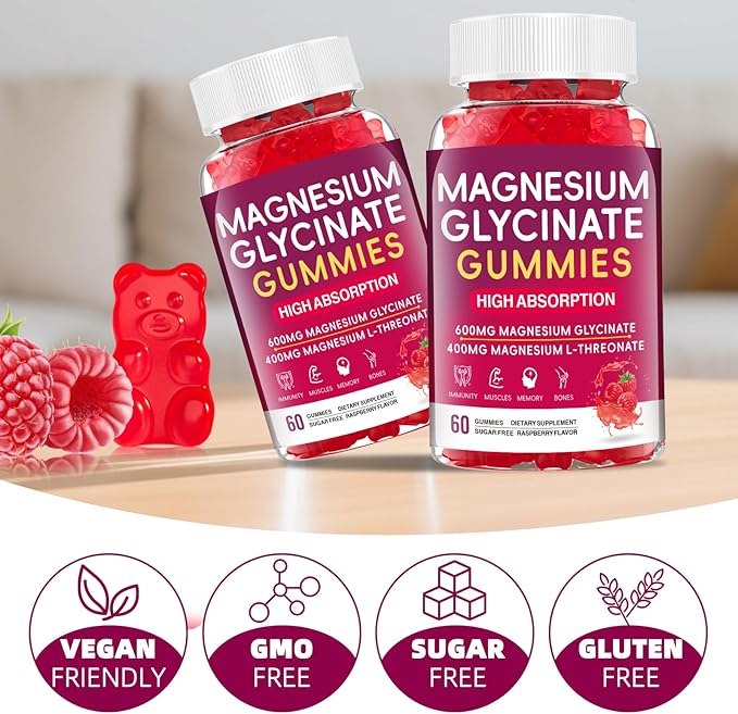 Magnesium Glycinate Gummies 600mg, High Absorption Magnesium Gummies with L-Threonate, Calcium, Vitamin B6, Sugar Free Chews for Adults & Kids Relaxation, Stress Relief Raspberry (60 Count)