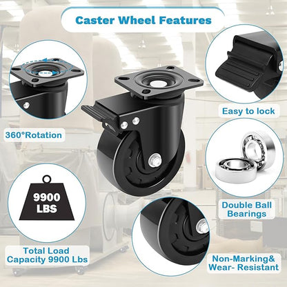 Nefish 5 Inch Heavy Duty Casters Set of 4, Industrial Grade Casters 9900 lbs, Low Gravity Plate Swivel Caster with Brake, Durable & Corrosion-Resistant Nylon Wheels for Industrial, Equipment, Machine