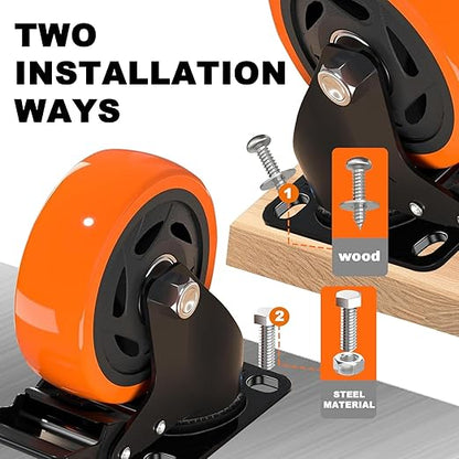 MSH&HCE 4 Inch Caster Wheels, Heavy Duty Break Casters Set of 4 Locking Casters Swivel Polyurethane(PU) Industrial Wheels, Quiet Caster Wheel for Cart Furniture and Workbench (Two Hardware Included)