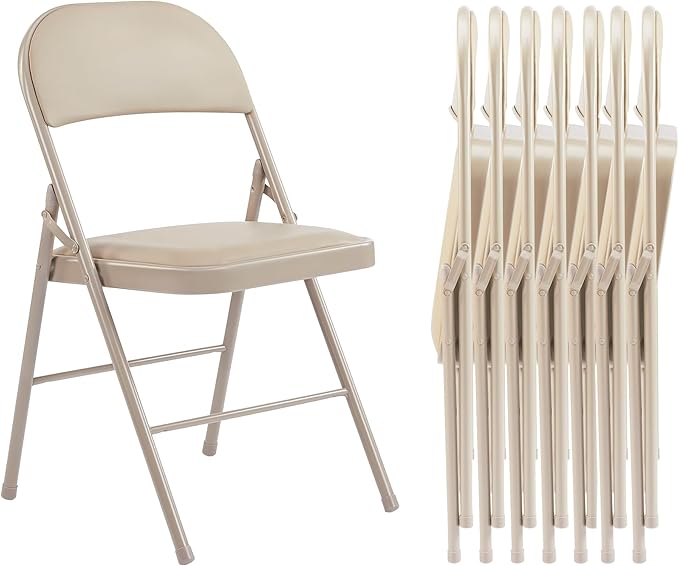 Folding Chairs 8 Pack, Portable Stackable Commercial Chair, Indoor Outdoor Padded Leather Chair with Sturdy Metal Frame, for Home, Office, or Party Events. (Kahki, 8 Pack)