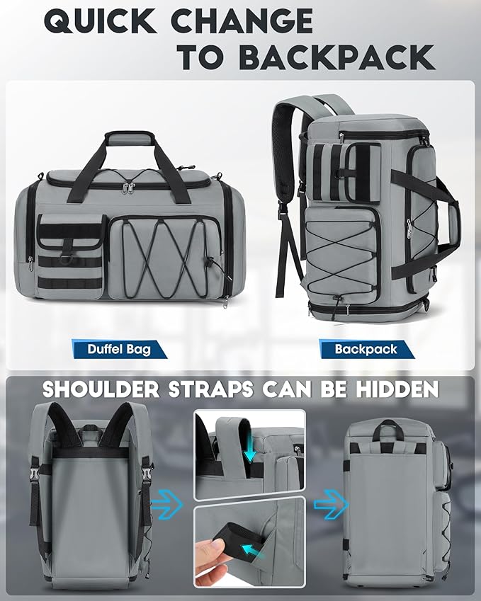 SDYSM Gym Bag for Men 45L Sports Duffel Bags 3-in-1 Travel Duffel Bag with Shoe Compartment, Gym Workout Backpack Carry On Weekender Bag Overnight Bag for Travel, Grey