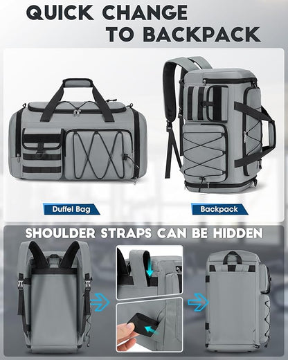 SDYSM Gym Bag for Men 45L Sports Duffel Bags 3-in-1 Travel Duffel Bag with Shoe Compartment, Gym Workout Backpack Carry On Weekender Bag Overnight Bag for Travel, Grey