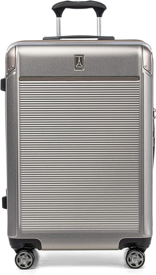Travelpro Platinum Elite Hardside Expandable Checked Luggage, 8 Wheel Spinner, TSA Lock, Hard Shell Polycarbonate Suitcase, Metallic Sand, Checked Medium 25-Inch