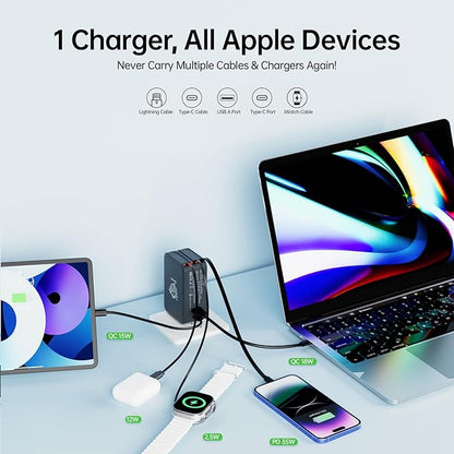 Retractable Apple Watch Charger, 5 in 1 Travel Charging Station for Apple Devices, Retractable Chargers for Multiple Devices with Multi Charging Cable, Charger Block for Apple Gear (Grey)