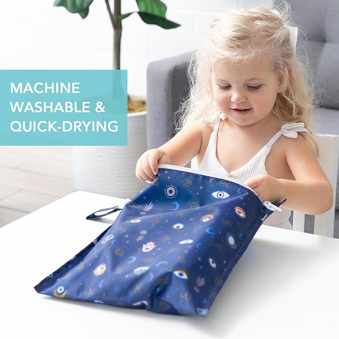 Bumkins - Waterproof Wet and Wetdry Bags - For Beach, Baby, Travel, Swim Suit, Cloth Diapers, Pump Parts, Pool, Gym, Toiletries - Reusable & Easy to Clean - Evil Eye - 2 Pack