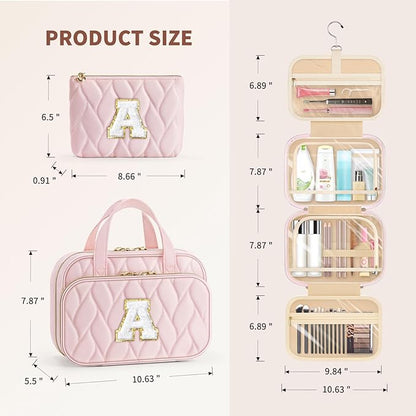 YOOLIFE Hanging Toiletry Bag for Women - Travel Toiletry Bag Makeup Bag, Portable Toiletries Cosmetic Bag, Airplane Travel Essentials - Letter P, Pink
