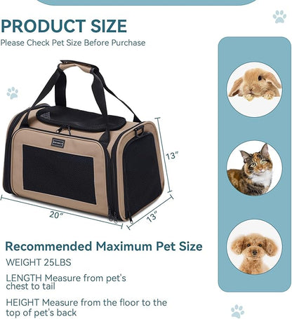 PETSFIT Soft-Sided Cat Carrier for Medium Cats up to 25 lbs, Foldable Pet Travel Bag with Washable Mat, Multiple Entry, Ventilated, for Car Trips & Vet Visits – NOT Airline Approved