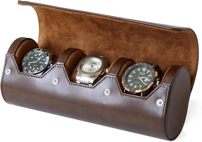 watch box organizer for mens watch case travel roll Portable 3 Watch Display Storage with Velvet Sections to Holder Large Watch (Dark Brown)