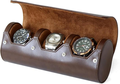 watch box organizer for mens watch case travel roll Portable 3 Watch Display Storage with Velvet Sections to Holder Large Watch (Dark Brown)