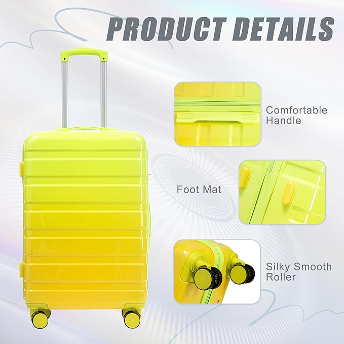 Campfun 3 Piece Luggage Sets, PC Gradient Color Suitcase Set with Double Spinner Wheels, Durable Carry On Luggage with Combination Lock, 20/24/28 inch, Green+Yellow