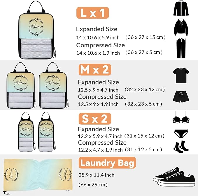 Custom 6 Set Compression Packing Cubes with Name Personalized Compressible Expandable Packing Organizers Luggage Carry On Suitcase Bags Travel Accessories Gifts