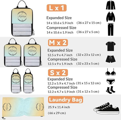 Custom 6 Set Compression Packing Cubes with Name Personalized Compressible Expandable Packing Organizers Luggage Carry On Suitcase Bags Travel Accessories Gifts