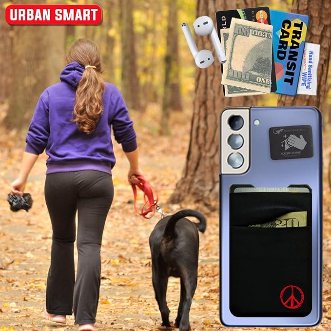 Gecko Travel Tech Double Pocket - Adhesive Card Holder - Cell Phone Pouch - Stick on Spandex Pocket - Carry Credit Cards and Cash (Peace)