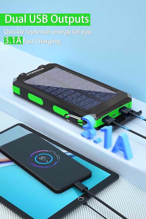 WONGKUO Solar Charger Power Bank - 36800mAh Solar Phone Charger, QC3.0 Fast Charger with LED Flashlight, IP65 Waterproof Portable Power Bank for Outdoor Activities (Matte Green)