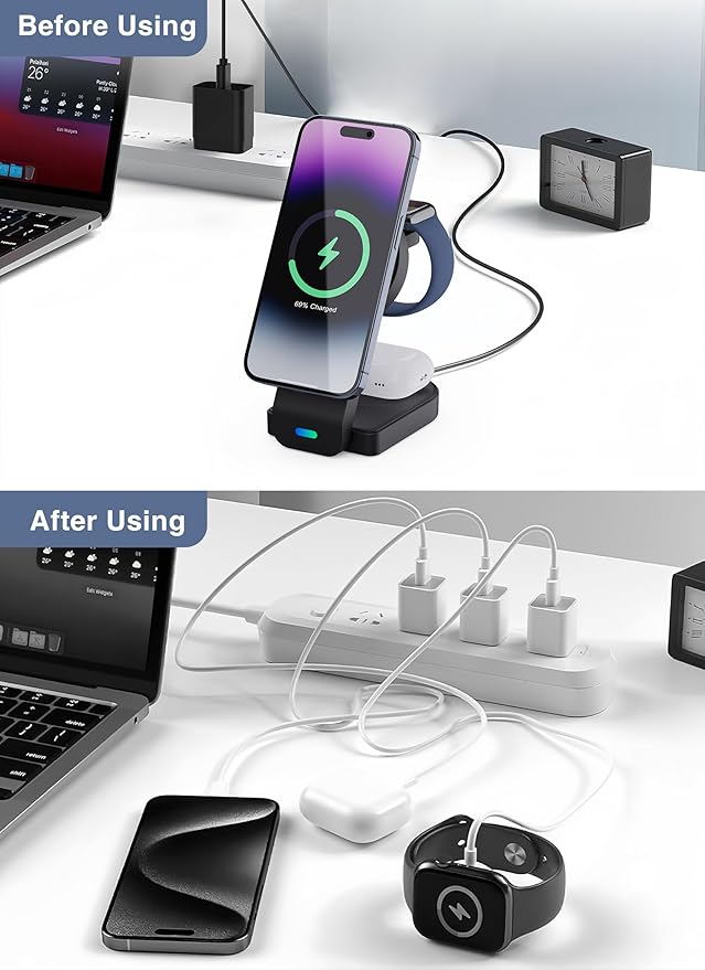Wireless Charger for Apple MagSafe, Foldable 3 in 1 Wireless Charging Station Magnetic Charger Stand for iPhone 17/16/15/14/13/12 Series/Apple Watch10-2/Airpods (Black)
