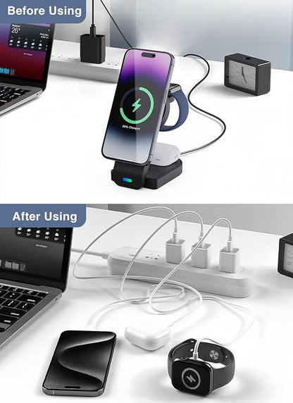 Wireless Charger for Apple MagSafe, Foldable 3 in 1 Wireless Charging Station Magnetic Charger Stand for iPhone 17/16/15/14/13/12 Series/Apple Watch10-2/Airpods (Black)