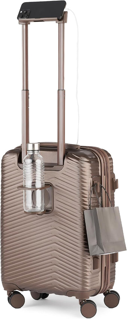 Nine West Zion 20" Inch Smart Carry On Luggage with Wheels, Hardshell Suitcase with Cup Holder & USB Port for Charging, Airline Approved Cabin Bag Chocolate Martini