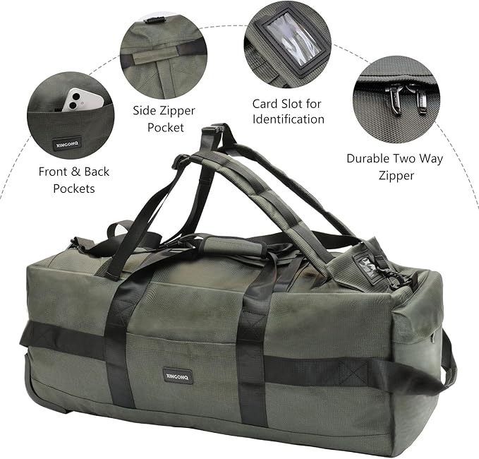 80L Rolling Duffle Bag with Wheels - Heavy-Duty 33.5" Foldable Duffel, Water-Resistant Wheeled Luggage with Shoulder Straps for Camping, Gym, Airplane(Green)