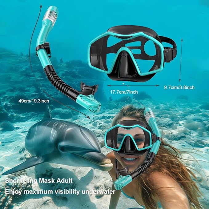 Snorkeling Gear for Adults,Dry-Top Snorkel Mask Set with Tempered Glass,Anti-Fog & Anti-Leak Panoramic Swim Mask,Adjustable Snorkel Kit with Carry Bag for Scuba Diving,Swimming,Travel