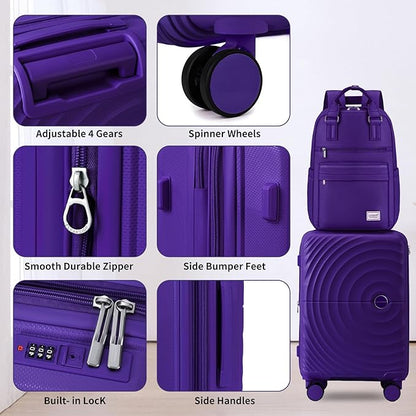 LARVENDER Carry On Luggage Set 22x14x9 Airline Approved, Expandable 20 Inch Carry-On Suitcases With Wheels, Lightweight Luggage Sets 3 Pieces With Backpack, Grape Purple