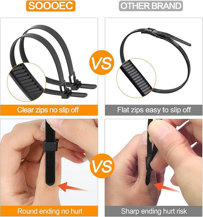 SOOOEC 200 Pack Reusable Zip Ties Assorted Sizes 6+8+10+12 inch UV Resistant, Black Zip Ties Heavy Duty Outdoor Releasable Round Ending No Hurt, Cable Ties Reusable Tie Wraps Indoor Non Slip Off