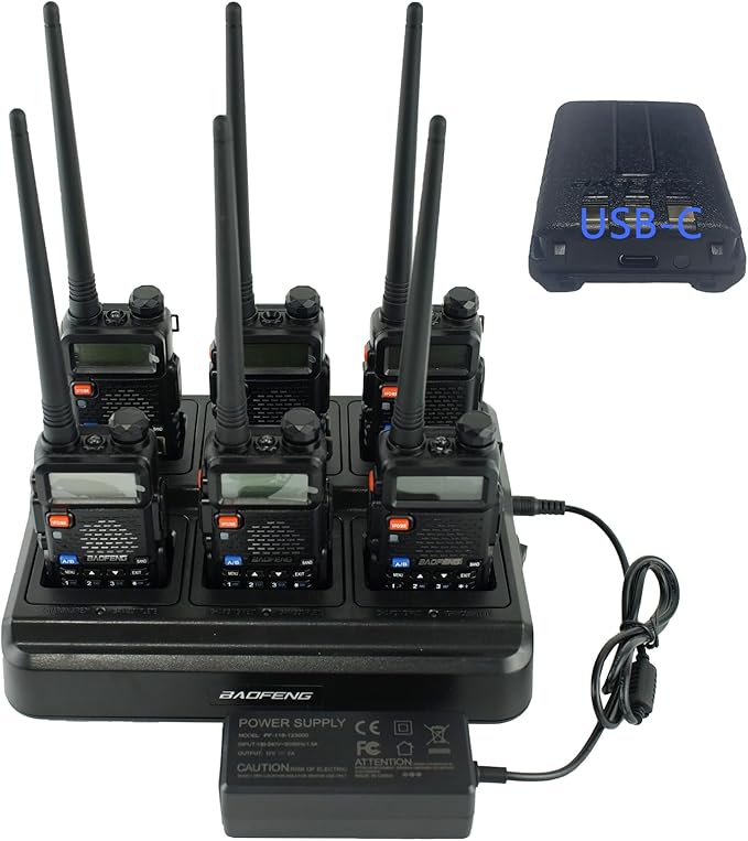 Baofeng UV-5R Dual Band Two Way Radio Handheld Ham Radio Long Range Walkie Talkies Pack of 6 for Hiking Camping Hunting Skiing Trip(Black) with 6 Way Charger, USB-C Charge Battery
