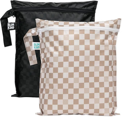 Bumkins - Waterproof Wet Bag - For Baby, Travel, Swim Suit, Cloth Diapers, Pump Parts, Pool, Gym, Toiletry, Strap to Stroller - Reusable & Easy to Clean - 2pk - Beige & Black Check