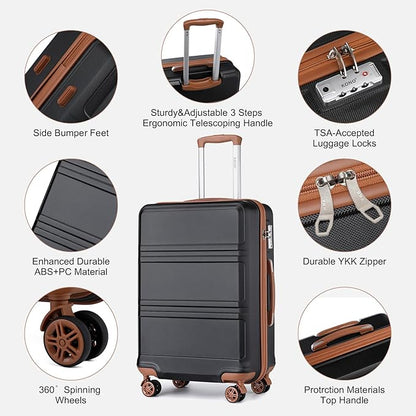 Kono Luggage Set 3 Piece Carry On Hardside Luggage with TSA Lock Spinner Wheels Lightweight PC+ABS Carry On Suitcase Apricot Black