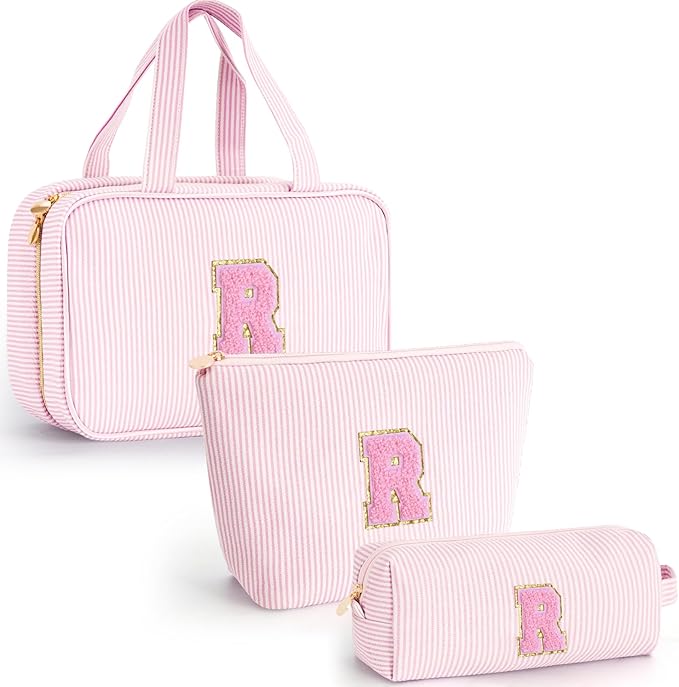 Initial Toiletry Bag Makeup Bag for Girls,Travel Cosmetic Bag with Small Makeup Brush Bag Personalized Wife Friend Gifts Makeup Birthday Gifts for Women Her - Pink R