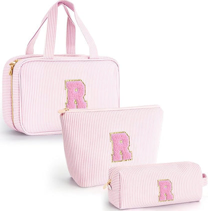 Initial Toiletry Bag Makeup Bag for Girls,Travel Cosmetic Bag with Small Makeup Brush Bag Personalized Wife Friend Gifts Makeup Birthday Gifts for Women Her - Pink R