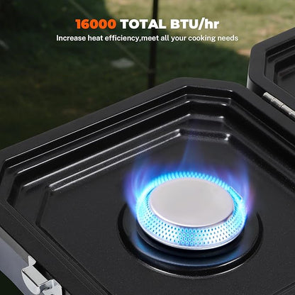 Dollate 2-Burner Propane Stove with Griddle and Carrying Bag, Portable Foldable Camping Stove with 2 Adjustable Burners 16000 BTUs,for Camping Tailgating Essentials Gear (Blue)