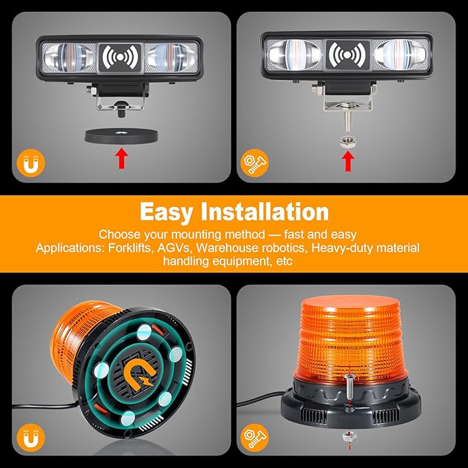 Radar‑Based Safety Warning System, Magnetic Forklift Safety Light 3‑Pack with Radar Sensor, Flashing LED Amber Strobe Light with Voice Alarm for Enhanced Warehouse Safety, DC 12–100V