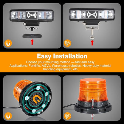 Radar‑Based Safety Warning System, Magnetic Forklift Safety Light 3‑Pack with Radar Sensor, Flashing LED Amber Strobe Light with Voice Alarm for Enhanced Warehouse Safety, DC 12–100V